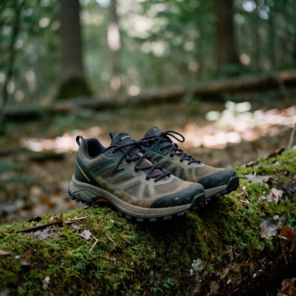 Worn trail running shoes resting on a mossy log in a sunlit forest, representing low-cost outdoor exercise