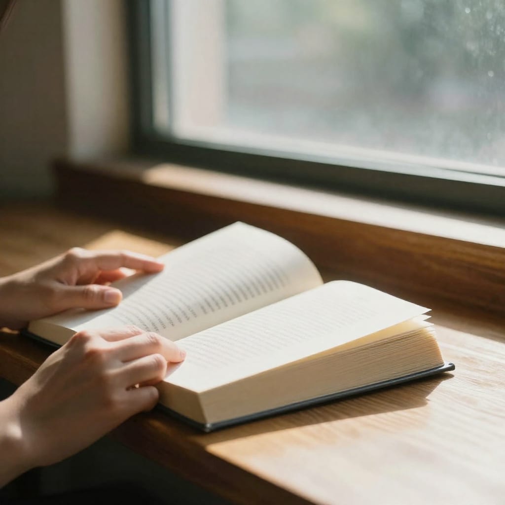 Hands holding an open book on a wooden library table with warm afternoon light streaming through a window