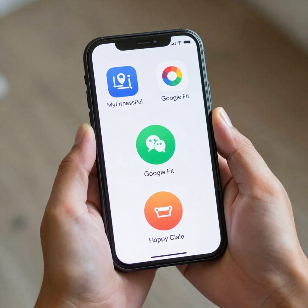 Hand holding smartphone with MyFitnessPal, Google Fit, and Happy Scale apps visible