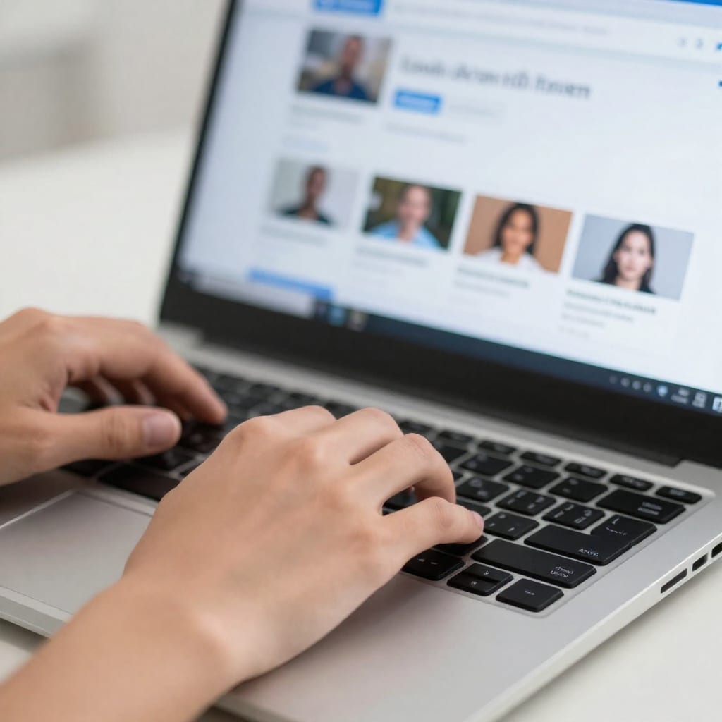 Hands typing on laptop with LinkedIn profile