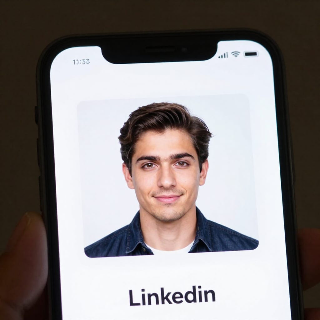 Smartphone displaying LinkedIn profile with headshot