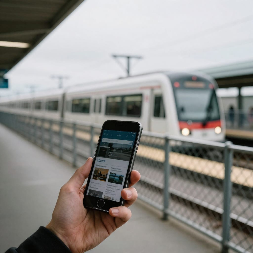 A hand holds a smartphone showing a travel alert in the foreground, with a light-rail train stopped at an outdoor airport