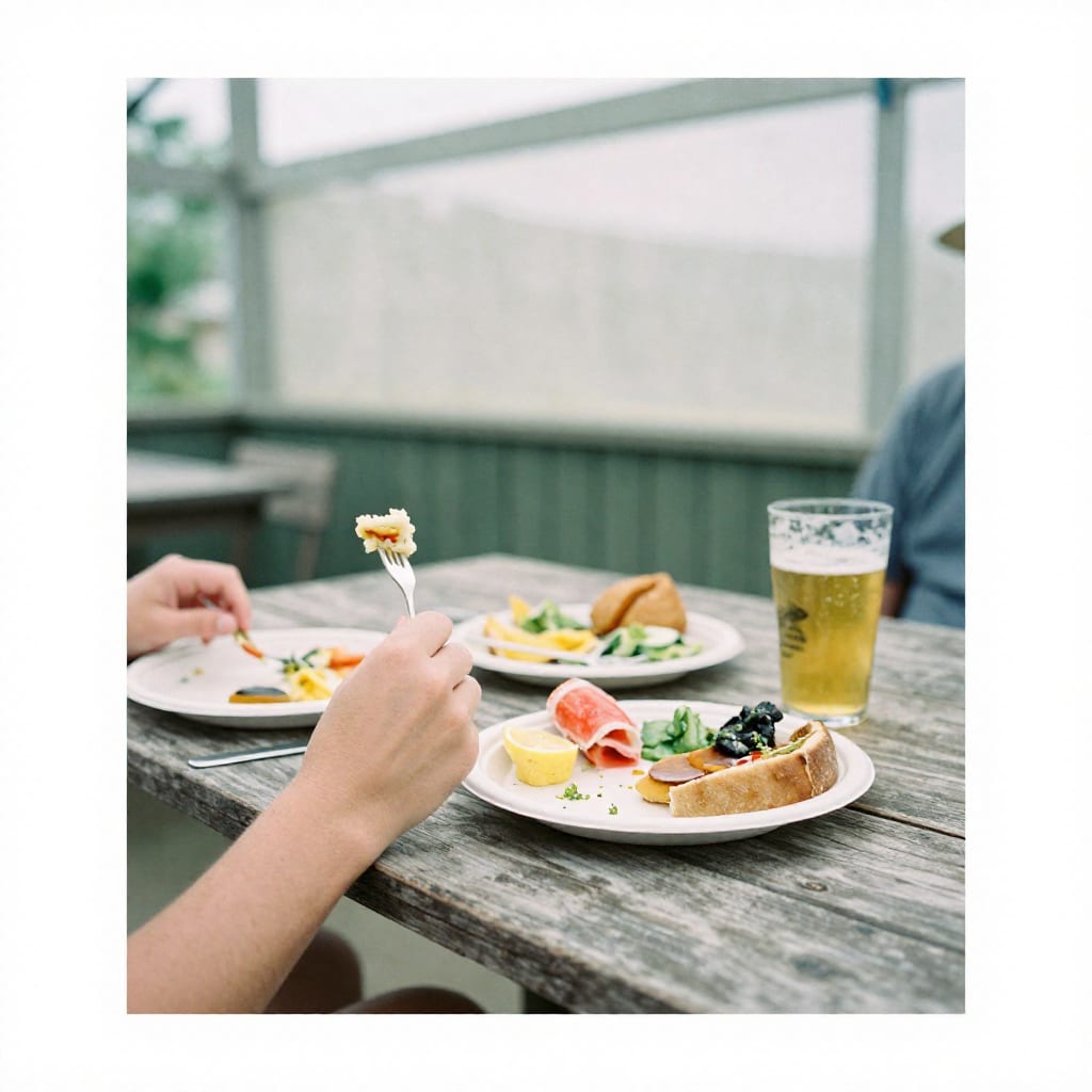 A hand holding a fork over a wooden table with several small plates of appetizers and a glass of beer, captured in soft