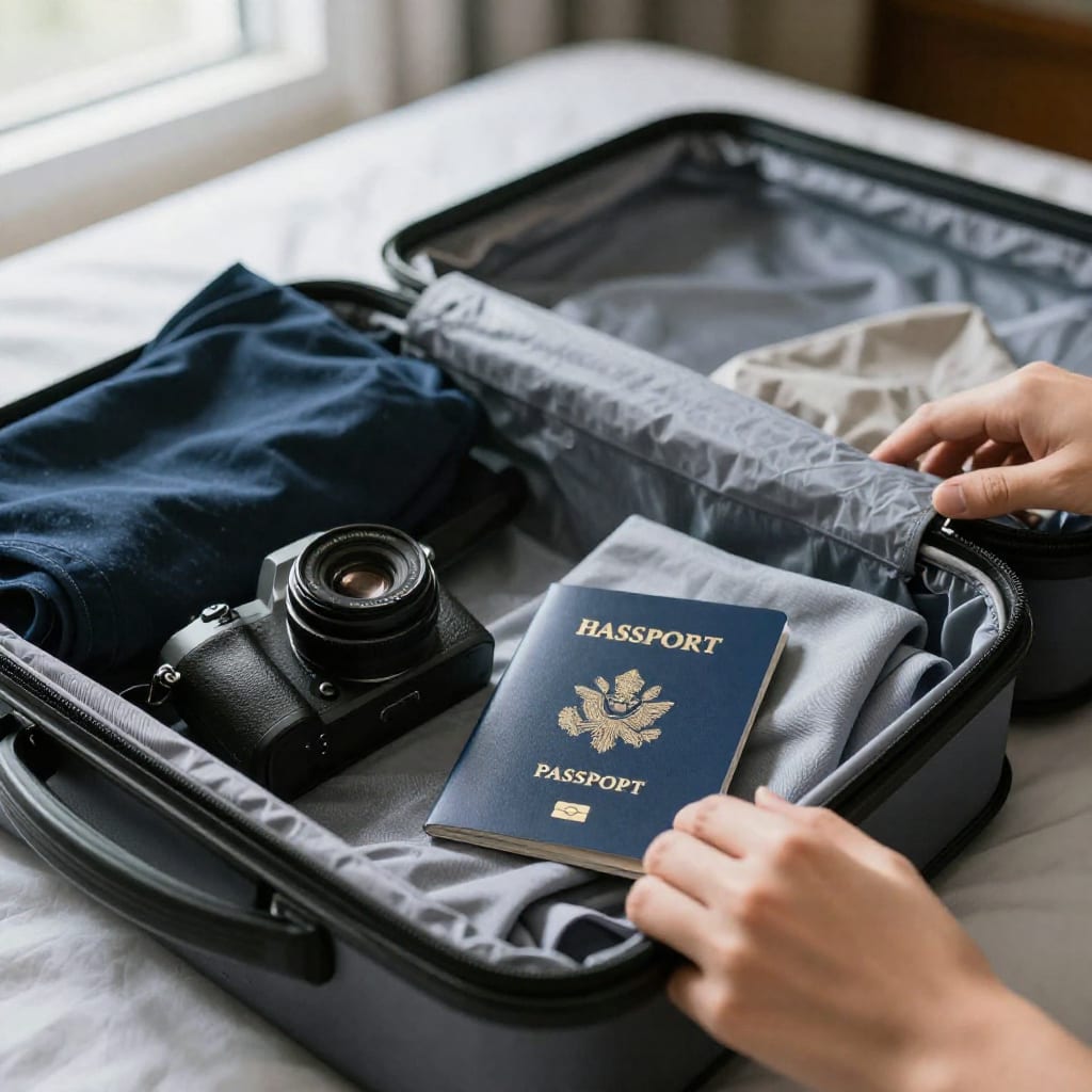 An open padded packing cube inside a suitcase containing a compact camera and a passport, surrounded by folded clothes