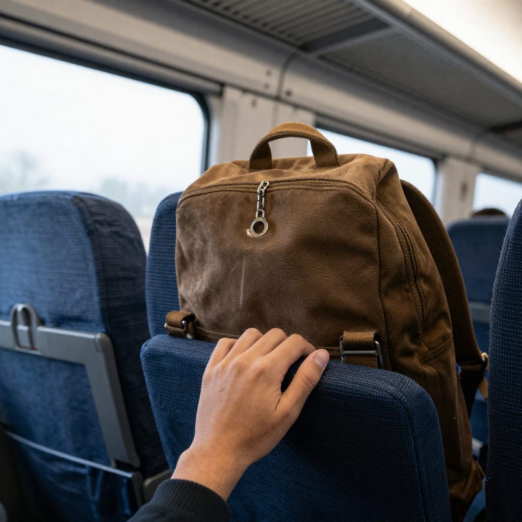 A traveler's hand in the foreground of a train aisle seat, with a secured backpack and cable lock visible on the overhead
