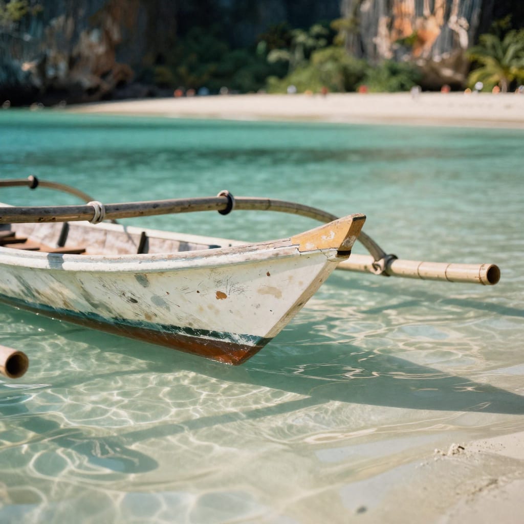 A close-up detail of a traditional wooden outrigger boat anchored in clear shallow water, with a white sand beach