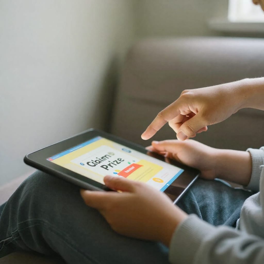 Close-up of a child's hands holding a tablet with a generic pop-up ad, a parent's hand gently pointing at the screen