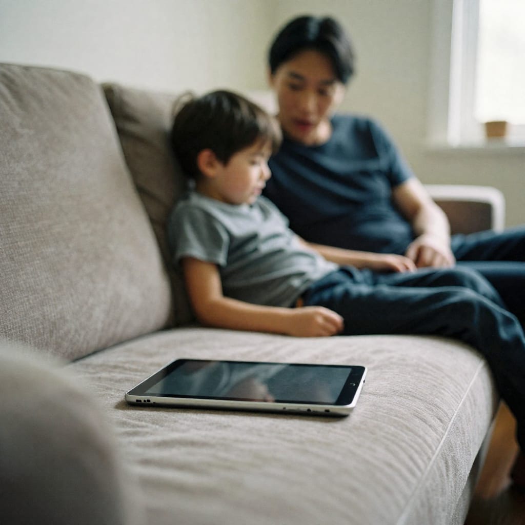 A child speaks earnestly to a parent on a sofa, a tablet placed face-down beside them in a quiet, trusting moment at home
