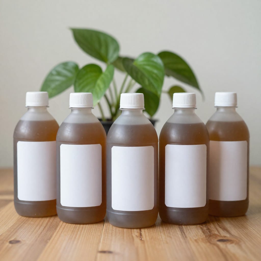 Five liquid fertilizer bottles lined up on wood table with pothos