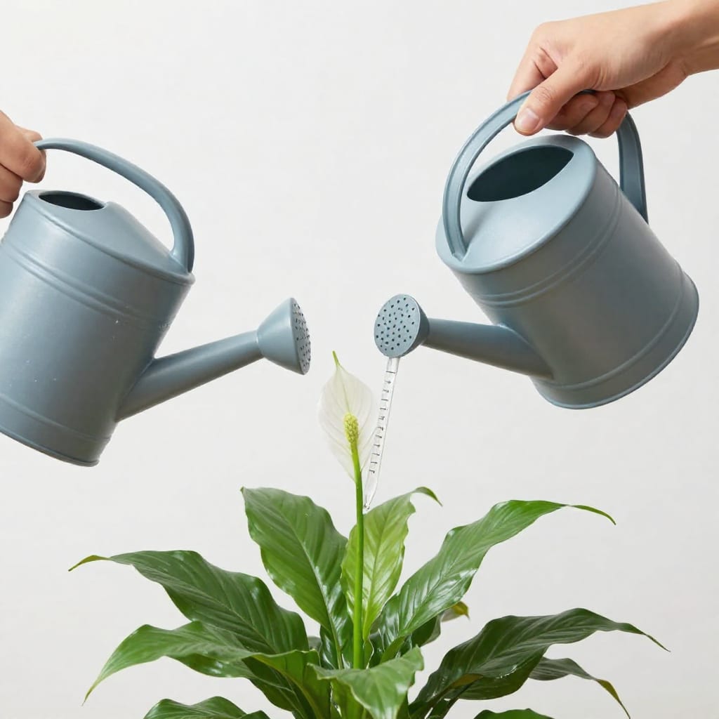 Hand mixing liquid fertilizer in watering can, then watering peace lily with dropper