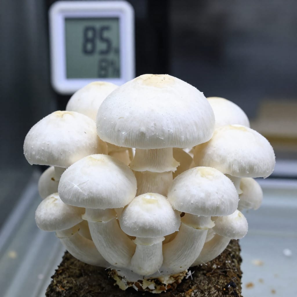 Lion's mane mushroom with hygrometer