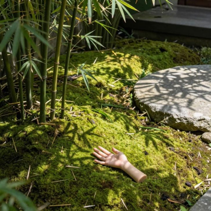 Meditation garden corner with moss, bamboo, and stone seating