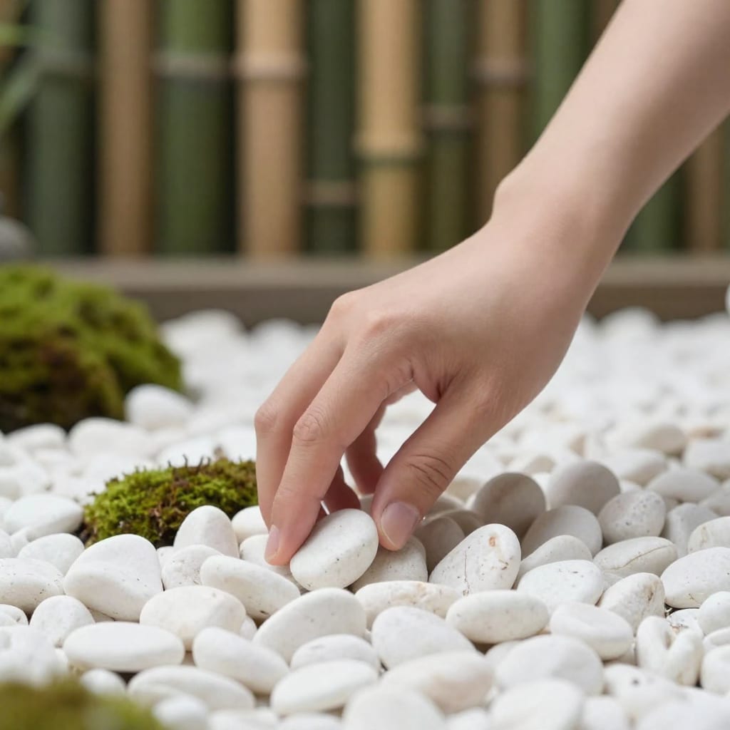 Hand raking white pebbles around moss in meditation garden