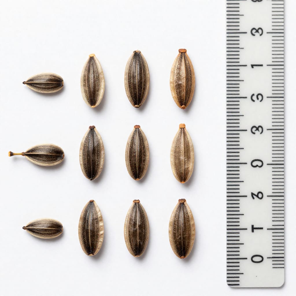 Close-up of various seeds on a white surface with a ruler for scale
