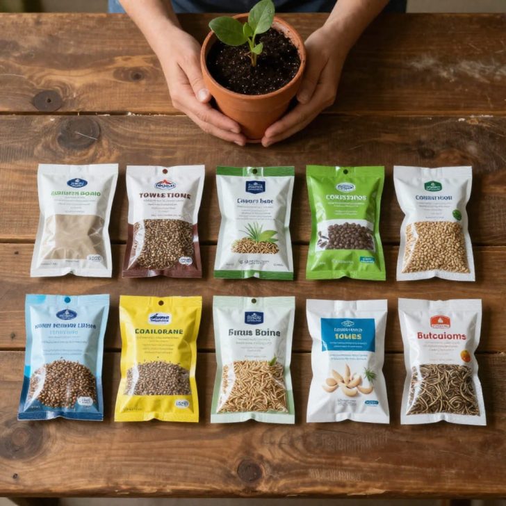 Seed packets from multiple companies arranged on a wooden table with a plant pot