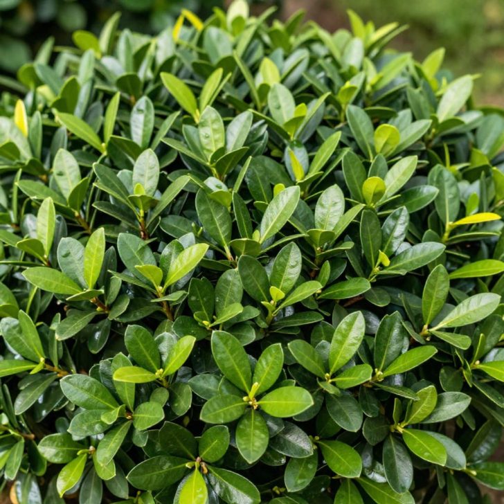 A close-up of a Boxwood shrub's lush green leaves in a neat garden border