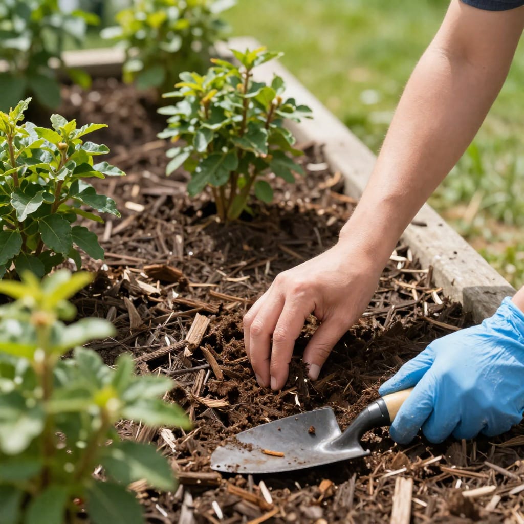 A gardener spreading mulch around a row of young shrubs for weed control and moisture retention