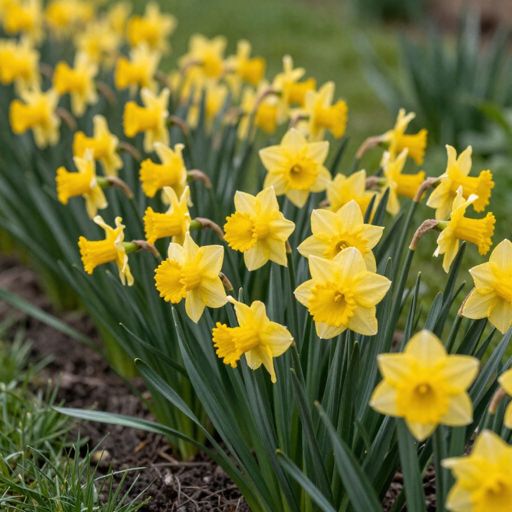 Yellow daffodils blooming in a garden bed