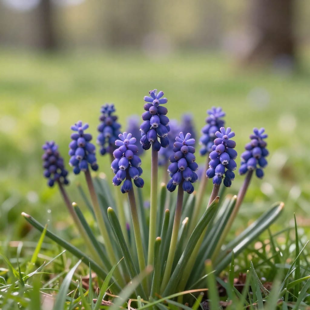 Purple grape hyacinths naturalized in a lawn