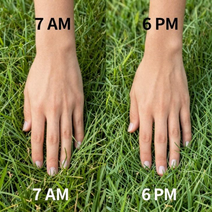Split view of lawn mowed at 7 AM versus 6 PM showing different results